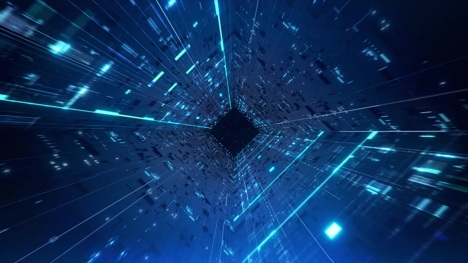 Blue and cyan tunnel of light created by drones, representing the LED lighting system